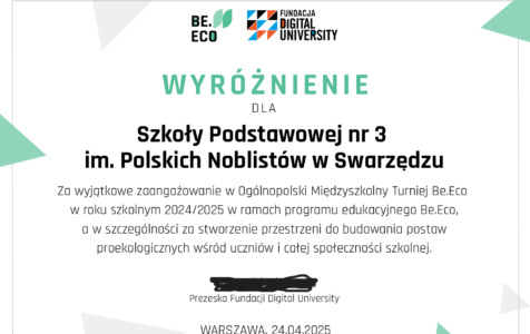 Nasza szkoła z wyróżnieniem w ogólnopolskim programie Be.Eco!