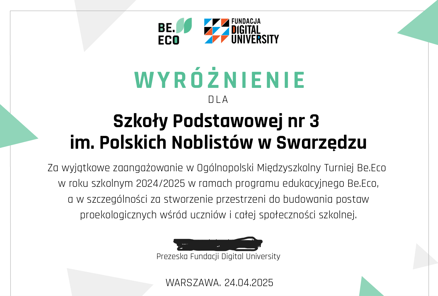Nasza szkoła z wyróżnieniem w ogólnopolskim programie Be.Eco!