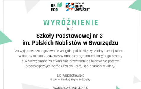 Nasza szkoła z wyróżnieniem w ogólnopolskim programie Be.Eco!