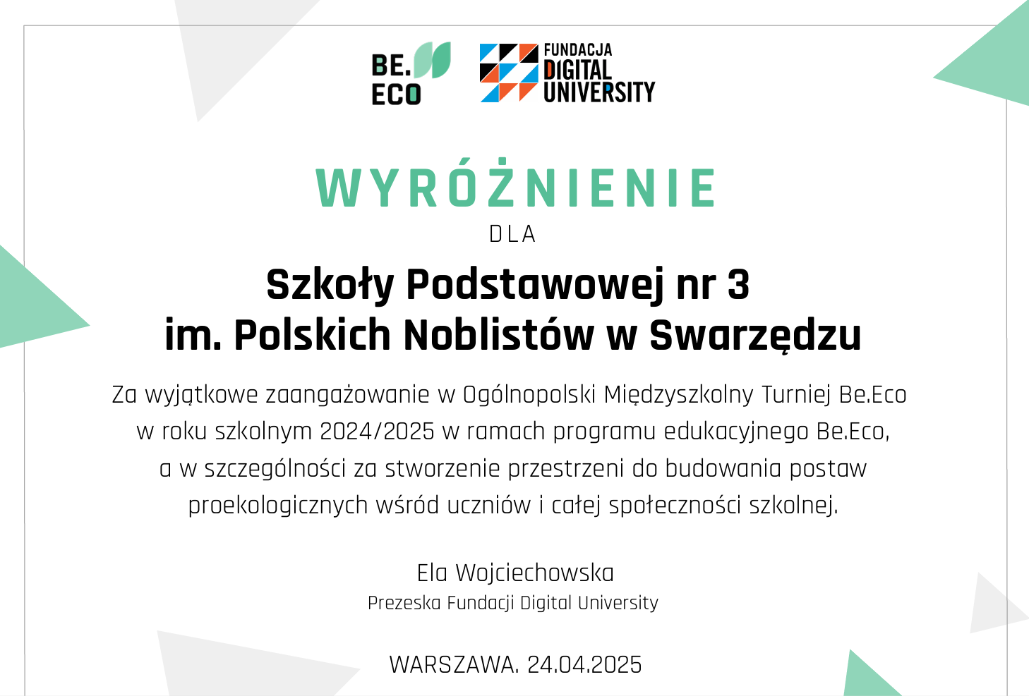 Nasza szkoła z wyróżnieniem w ogólnopolskim programie Be.Eco!